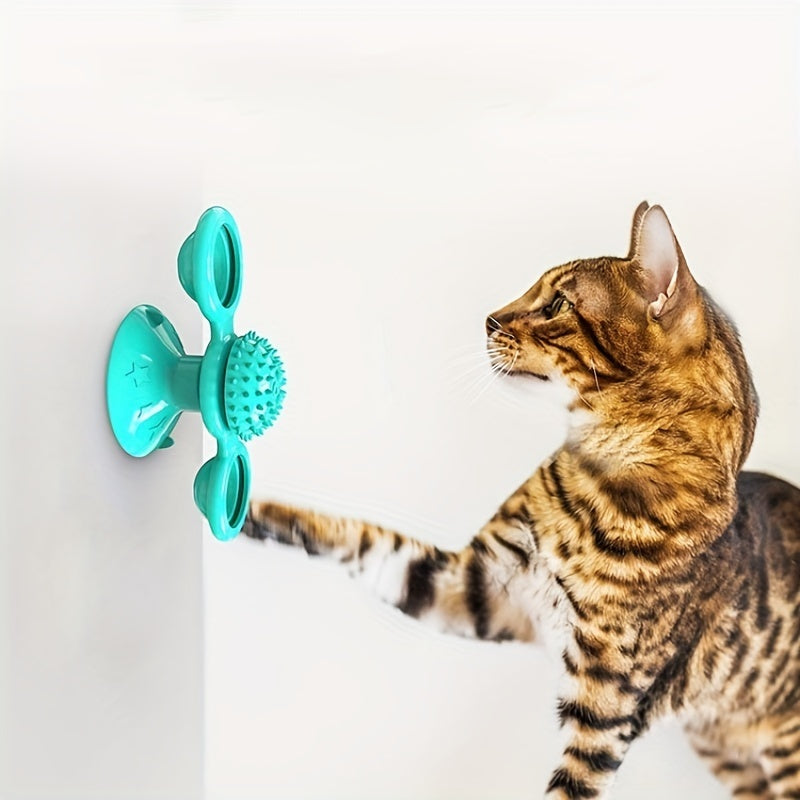 Neue Windmühlen-Katzenspielzeuge – niedliches, interaktives, rotierendes Spielzeug für drinnen mit Saugnapf, Katzenminze & gezacktem Mittelkugel, intelligenter Kitten-Rotationsspinner, Trainingsspielzeug, Zahnbürste & Massagefunktion