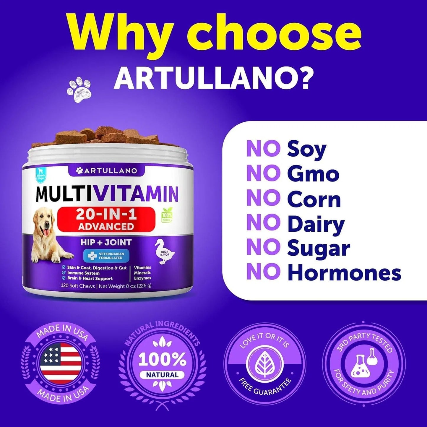 Multivitamin-Kaubonbons für Hunde mit Glucosamin – 20-in-1 Vitamine & Ergänzungen für Welpen, erwachsene Hunde & Senioren – Unterstützung für Gelenke, Immunsystem, Beweglichkeit, Haut & Fell – 120 Stück
