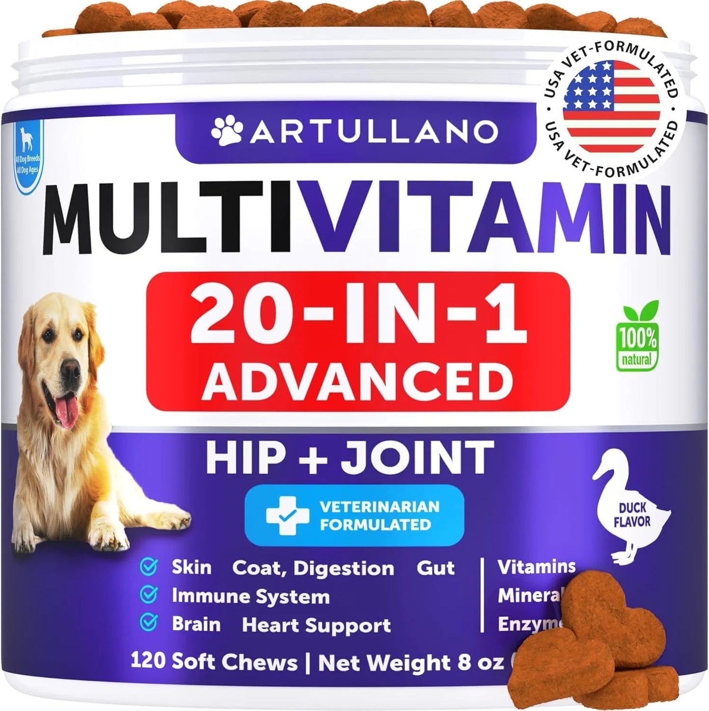 Multivitamin-Kaubonbons für Hunde mit Glucosamin – 20-in-1 Vitamine & Ergänzungen für Welpen, erwachsene Hunde & Senioren – Unterstützung für Gelenke, Immunsystem, Beweglichkeit, Haut & Fell – 120 Stück