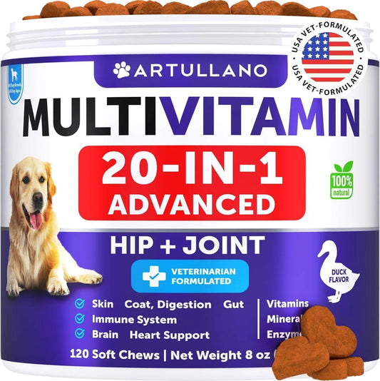 Multivitamin-Kaubonbons für Hunde mit Glucosamin – 20-in-1 Vitamine & Ergänzungen für Welpen, erwachsene Hunde & Senioren – Unterstützung für Gelenke, Immunsystem, Beweglichkeit, Haut & Fell – 120 Stück